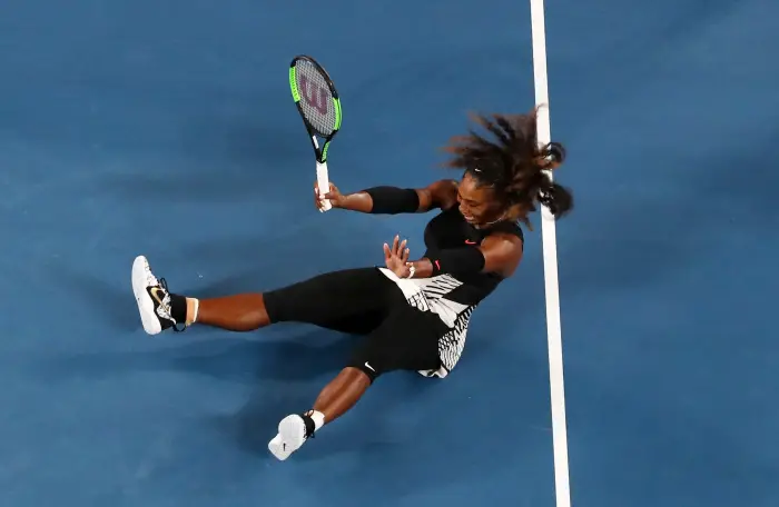 USA's Serena Williams celebrates Championship Point as she Beats  her Sister Venus Williams   in the Ladies Singles Final  at the Australian Open Tennis Championships   Melbourne Park