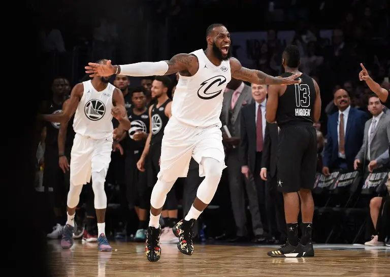 LOS ANGELES, CA - FEBRUARY 18: LeBron James #23 of Team LeBron celebrates during the NBA All-Star Game 2018 at Staples Center on February 18, 2018 in Los Angeles, California.   Kevork Djansezian/Getty Images/AFP