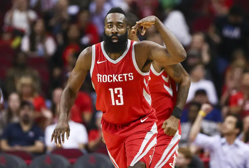 Nov 5, 2017; Houston, TX, USA; Houston Rockets guard James Harden (13) reacts after scoring a basket during the first quarter against the Utah Jazz at Toyota Center. Mandatory Credit: Troy Taormina-USA TODAY Sports