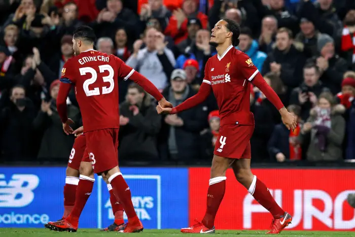 Soccer Football - FA Cup Third Round - Liverpool vs Everton - Anfield, Liverpool, Britain - January 5, 2018   Liverpool¹s Virgil van Dijk celebrates scoring their second goal with Emre Can