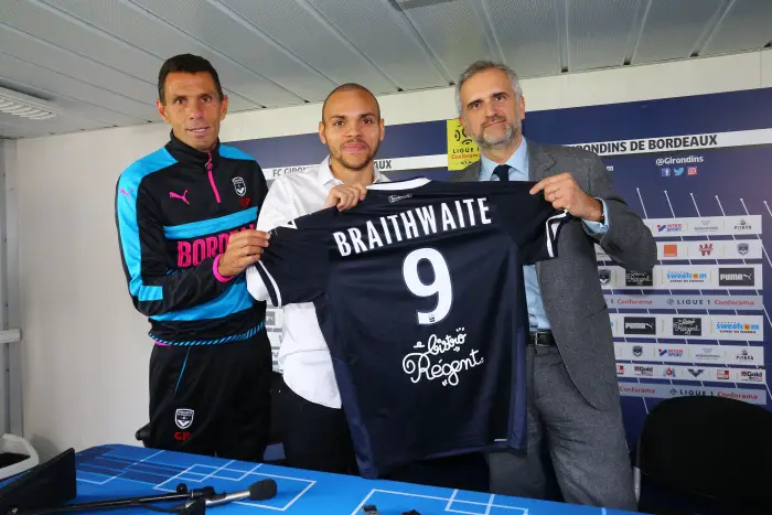 Le Haillan 01/02/2018
Girondins de Bordeaux
Football Ligue 1
Presentation de Martin Braithwaite
en presence de Gustavo Poyet et du president Stephane Martin