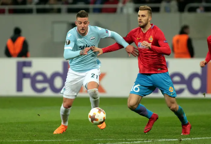 15.02.2018 Bucharest(Romania)
FCSB-SS Lazio Europa League 
1/16 final men's football
Sergej Milinkovic Savic (L) SS Lazio,Bogdan Planic (r) FCSB