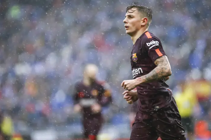 FC Barcelona defender Lucas Digne (19) during the match between RCD Espanyol and FC Barcelona, for the round 22 of the Liga Santander, played at RCDE Stadium on 4th February 2018 in Barcelona, Spain.