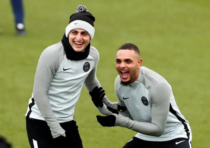 Paris St Germain's Marco Verratti and Layvin Kurzawa during training
