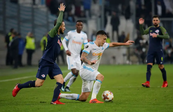 Soccer Football - Europa League - Olympique de Marseille vs RB Salzburg - Orange Velodrome, Marseille, France - December 7, 2017   Marseille's Lucas Ocampos in action with RB Salzburg's Andreas Ulmer