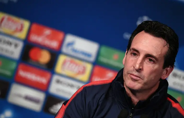 Paris Saint-Germain's Spanish headcoach Unai Emery sits during a press conference at the Parc des Princes stadium in Paris on March 4, 2018 on the eve of their Champions' League football match against Real Madrid CF.    / AFP PHOTO / FRANCK FIFE