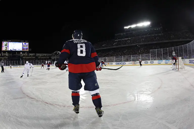 ANNAPOLIS, MD - MARCH 03: Alex Ovechkin #8 of the Washington Capitals in action against the Toronto Maple Leafs in the Coors Light NHL Stadium Series at Navy-Marine Corps Memorial Stadium on March 3, 2018 in Annapolis, Maryland.   Patrick Smith/Getty Images/AFP