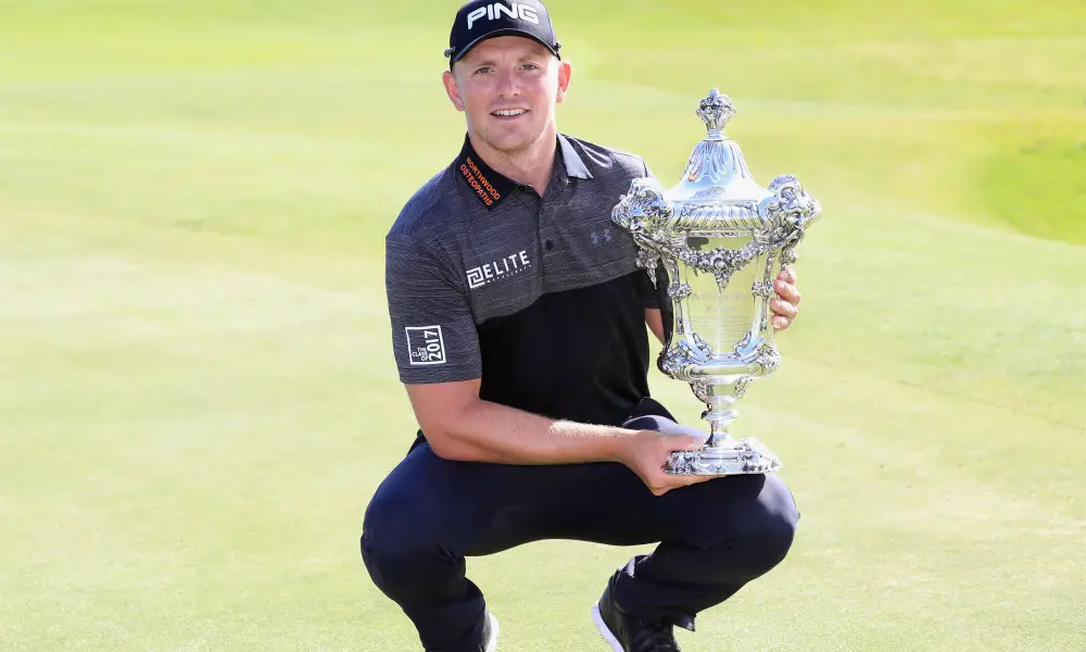 PORTIMAO, PORTUGAL - MAY 14:  Matt Wallace of England celebrates victory with the trophy after the final round on day four of the Open de Portugal at Morgado Golf Resort on May 14, 2017 in Portimao, Portugal.  (Photo by Andrew Redington/Getty Images)
