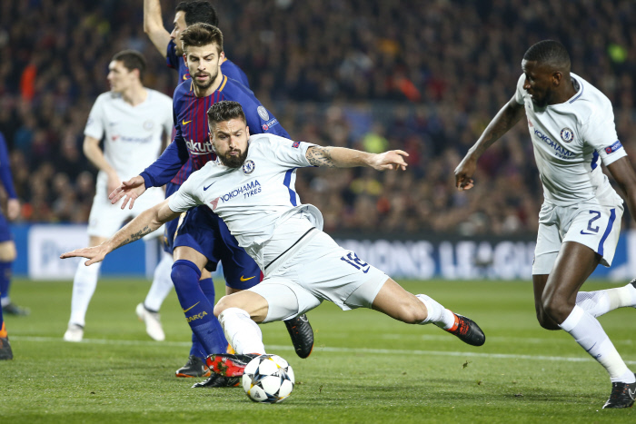 Chelsea FC forward Olivier Giroud (18) during the UEFA Champions League match between FC Barcelona and Chelsea FC at Camp Nou Stadium corresponding to round of 16, second leg on March 14, 2018 in Barcelona
