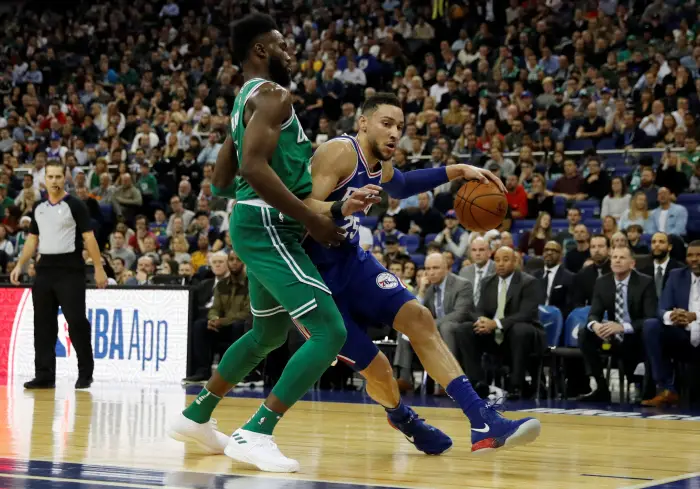 Basketball - NBA - Boston Celtics vs Philadelphia 76ers - O2 Arena, London, Britain - January 11, 2018   Boston Celtics' Jaylen Brown in action with Philadelphia 76ers' Ben Simmons