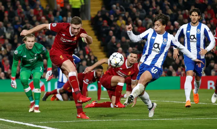 Soccer Football - Champions League Round of 16 Second Leg - Liverpool vs FC Porto - Anfield, Liverpool, Britain - March 6, 2018   Liverpool's Jordan Henderson in action with Porto's Oliver Torres