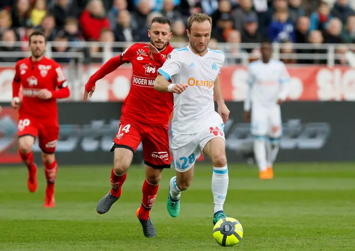 Soccer Football - Ligue 1 - Dijon vs Olympique de Marseille - Stade Gaston Gerard, Dijon, France - March 31, 2018   Marseille's Valere Germain in action with Dijon's Jordan Marie