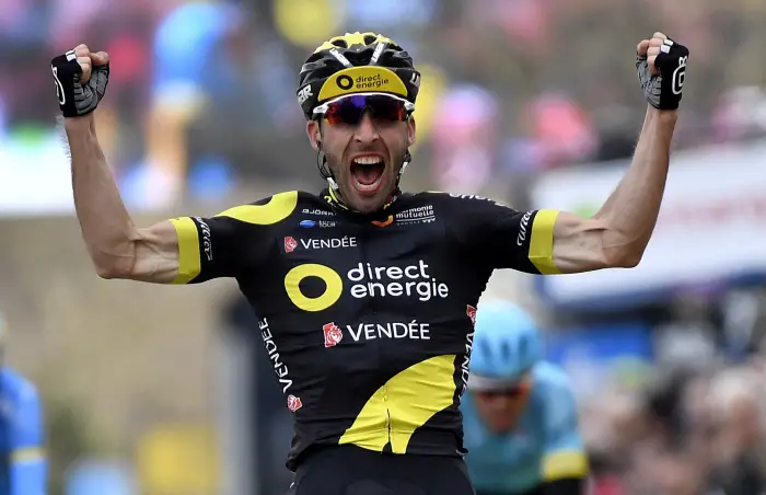 CHATEL-GUYON, FRANCE - MARCH 6 : HIVERT Jonathan  (FRA)  of Direct Energie wins during stage 3 of the 2018 Paris - Nice cycling race from Bourges to Chatel-Guyon (210km) on March 06, 2018 in Chatel-Guyon, France, 06/03/2018