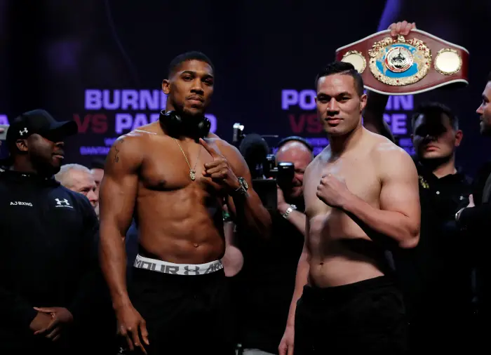 Boxing - Anthony Joshua & Joseph Parker Weigh-In - Motorpoint Arena, Cardiff, Britain - March 30, 2018   Anthony Joshua and Joseph Parker during the weigh in