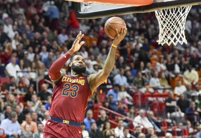 March 27, 2018 - Miami, Florida, U.S. - Cleveland Cavaliers forward LeBron James (23) goes for a layupduring the first half of game between the Miami Heat and the Cleveland Cavaliers at American Airlines Arena in Miami, Fla., on Tuesday, March 27, 2018.