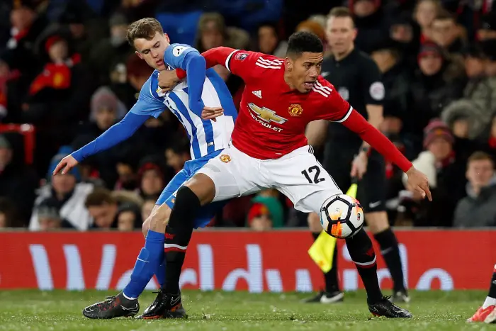 Soccer Football - FA Cup Quarter Final - Manchester United vs Brighton & Hove Albion  - Old Trafford, Manchester, Britain - March 17, 2018   BrightonÄôs Solly March in action with Manchester United's Chris Smalling