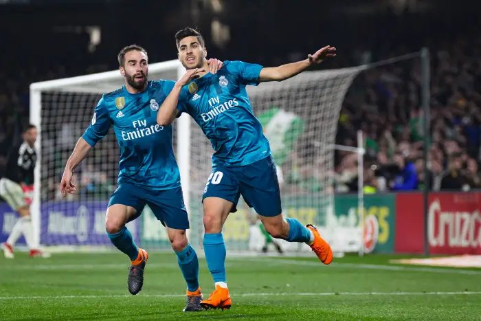 18th February 2018, Estadio Benito Villamarin, Seville, Spain; La Liga football, Real Betis versus Real Madrid; Marco Asensio and Carvajal from Real Madrid celebrates his goal in the  58th minute