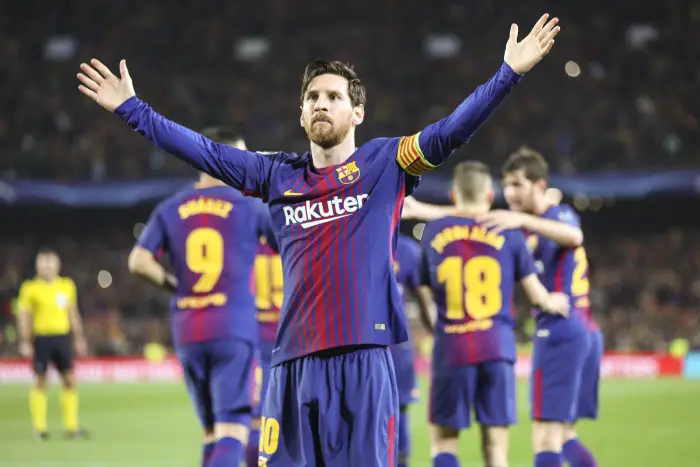 FC Barcelona forward Lionel Messi (10) celebrates scoring the goal number in the Champions League during the UEFA Champions League match between FC Barcelona and Chelsea FC at Camp Nou Stadium corresponding to round of 16, second leg on March 14, 2018 in Barcelona