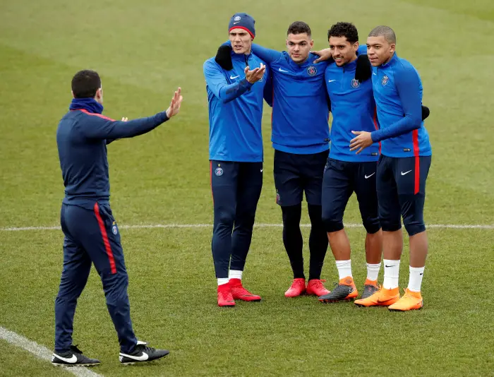 Paris St Germain's Edinson Cavani, Hatem Ben Arfa, Marquinhos and Kylian Mbappe during training