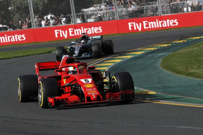 Sebastian Vettel (GER) Ferrari SF-71H leads Lewis Hamilton (GBR) Mercedes-AMG F1 W09 EQ Power+ at Formula One World Championship, Rd1, Australian Grand Prix, Race, Melbourne, Australia, Sunday 25 March 2018.