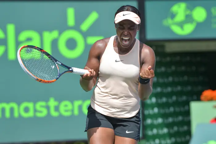 March 29, 2018 - Miami, FL, United States - KEY BISCAYNE, FL - MARCH, 29: Sloane Stephens (USA) in action during day 11 of the 2018 Miami Open held at the Crandon Park Tennis Center on March 29, 2018 in Key Biscayne, Florida.