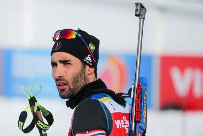 Biathlete Martin Fourcade of France competes in the men's 10km sprint competition at the 2017/18 IBU Biathlon World Cup meeting in Tyumen, Russia.