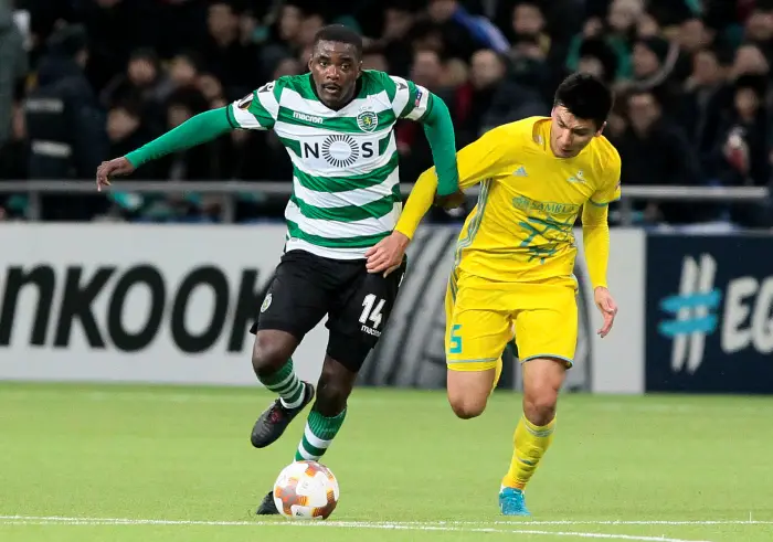 Sporting¹s William Carvalho in action with Astana¹s Abzal Beisebekov