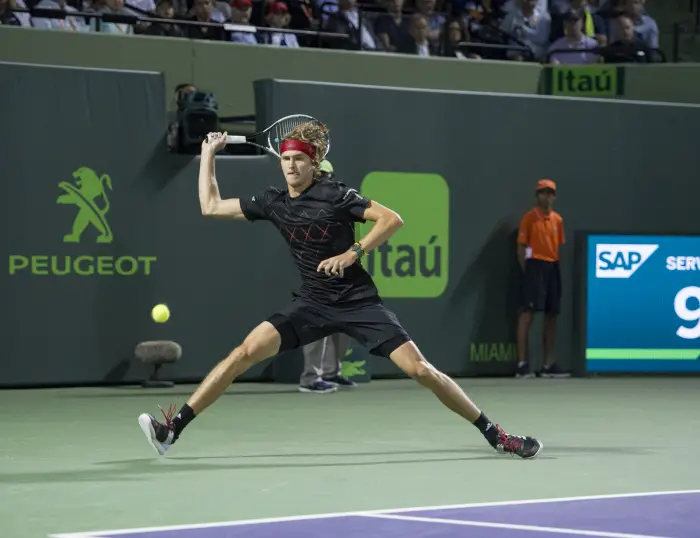 March 29 2018: Alexander Zverev (GER) defeats Borna Coric (CRO) by 6-4, 6-4 at the Miami Open being played at Crandon Park Tennis Center in Miami, Key Biscayne, Florida.
