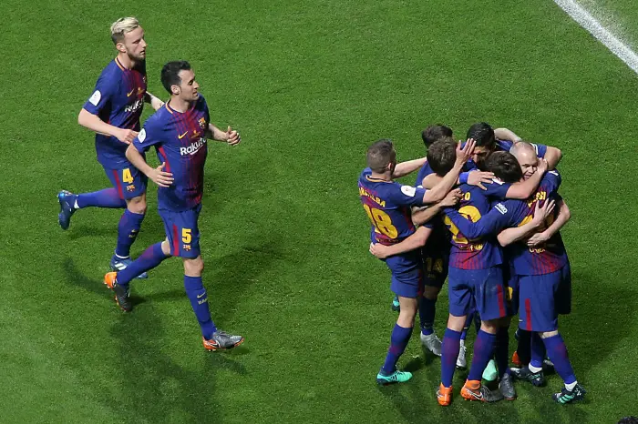 FC Barcelona's players celebrate goal during Spanish King's Cup Final match. April 21,2018.