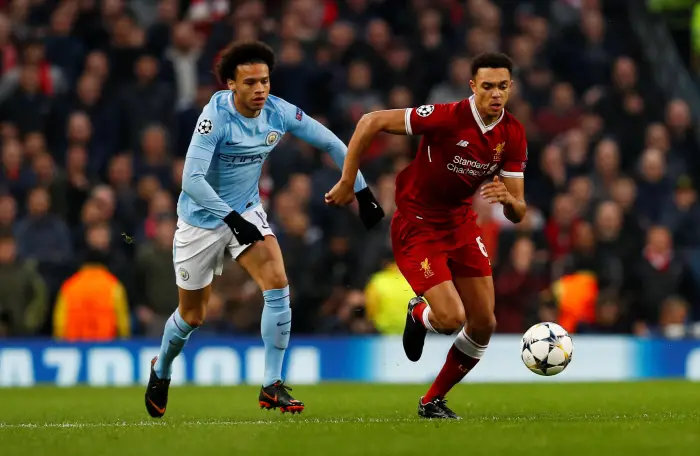 Manchester City's Leroy Sane in action with Liverpool's Trent Alexander-Arnold