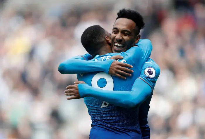 Soccer Football - Premier League - Newcastle United vs Arsenal - St James' Park, Newcastle, Britain - April 15, 2018 ArsenalÕs Alexandre Lacazette celebrates scoring their first goal with Pierre-Emerick Aubameyang