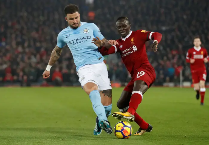 Soccer Football - Premier League - Liverpool vs Manchester City - Anfield, Liverpool, Britain - January 14, 2018   Liverpool's Sadio Mane in action with Manchester City's Kyle Walker
