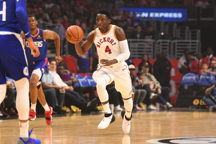 Indiana Pacers Guard Victor Oladipo (4) drives to the basket during an NBA game between the Indiana Pacers and the Los Angeles Clippers on April 1, 2018 at STAPLES Center in Los Angeles, CA.