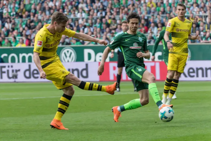 1 FBL Werder Bremen vs Borussia Dortmund 29 04 2018 Weser Stadion Bremen GER 1 FBL Werder Bremen vs Borussia Dortmund at the picture Lukasz Piszczek Dortmund 26 Thomas Delaney Werder Bremen 6