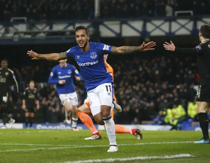 Theo Walcott of Everton  celebrates after scoring his team's second goal after 39 minutes