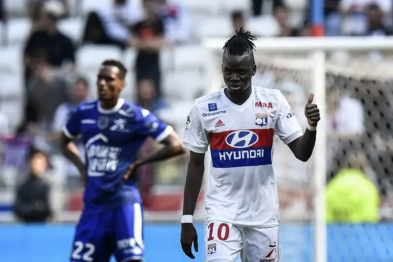Lyon's Burkinabe forward Bertrand Traore celebrates after scoring a goal during the French L1 football match Olympique Lyonnais (OL) vs ESTAC Troyes on May 6, 2018, at the Parc Olympique Lyonnais stadium in Decines-Charpieu, central-eastern France.  / AFP PHOTO / JEFF PACHOUD