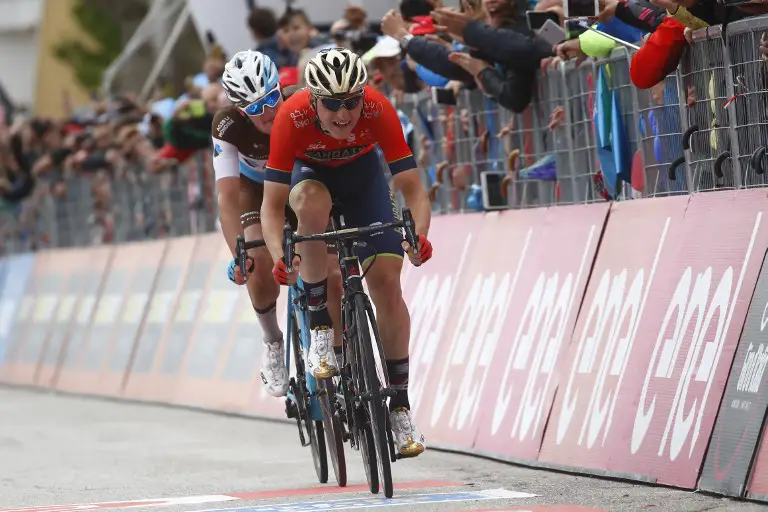 Slovenia's rider of team Bahrain Merida Matej Mohoric (R) sprints ahead Germany's rider of team AG2R La Mondiale Nico Denz to win the 10th stage between Penne and Gualdo Tadino during the 101st Giro d'Italia, Tour of Italy cycling race, on May 15, 2018. 
Slovenia's rider of team Bahrain Merida Matej Mohoric beat Nico Denz in a two-man sprint finish to win the 10th stage of the Giro d'Italia on Tuesday as Briton Simon Yates maintained his grip on the overall race lead.


 / AFP PHOTO / LUK BENIES / The erroneous mention[s] appearing in the metadata of this photo by LUK BENIES has been modified in AFP systems in the following manner: [Slovenia's rider] instead of [Slovakia's]. Please immediately remove the erroneous mention[s] from all your online services and delete it (them) from your servers. If you have been authorized by AFP to distribute it (them) to third parties, please ensure that the same actions are carried out by them. Failure to promptly comply with these instructions will entail liability on your part for any continued or post notification usage. Therefore we thank you very much for all your attention and prompt action. We are sorry for the inconvenience this notification may cause and remain at your disposal for any further information you may require.