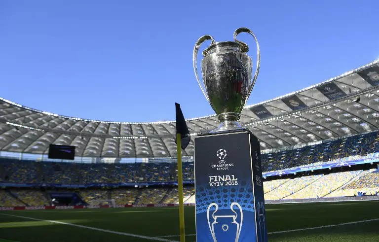 View of trophy before the UEFA Champions League final football match between Liverpool and Real Madrid at the Olympic Stadium in Kiev, Ukraine on May 26, 2018. / AFP PHOTO / LLUIS GENE