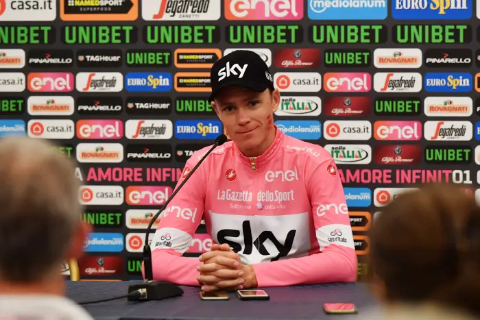 Team Sky's Chris Froome celebrates with the trophy after winning the Giro d'Italia