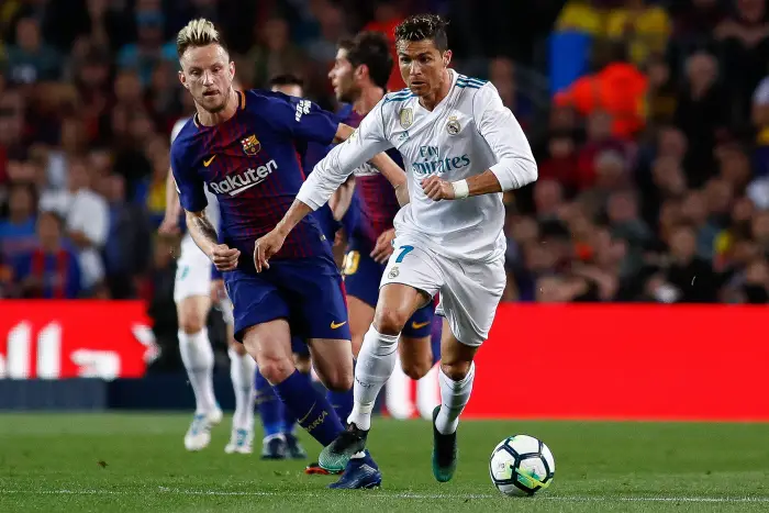 Cristiano Ronaldo from Portugal of Real Madrid and Ivan Rakitic of FC Barcelona during the Spanish championship La Liga football match between FC Barcelona and Real Madrid on May 6, 2018 at Camp Nou stadium in Barcelona, Spain - Photo Andres Garcia / Spain DPPI / DPPI