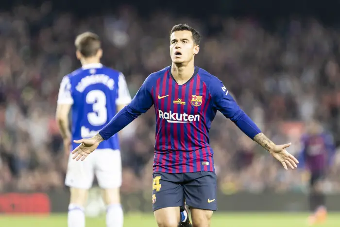 FC Barcelona midfielder Philippe Coutinho (14) celebrates scoring the goal during the match between FC Barcelona against Real Sociedad, for the round 38 of the Liga Santander, played at Camp Nou Stadium on 20th May 2018 in Barcelona, Spain.