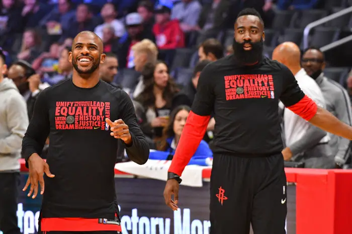 Houston Rockets Guard Chris Paul (3) and Houston Rockets Guard James Harden (13) look on before an NBA game between the Houston Rockets and the Los Angeles Clippers on February 28, 2018 at STAPLES Center in Los Angeles, CA.