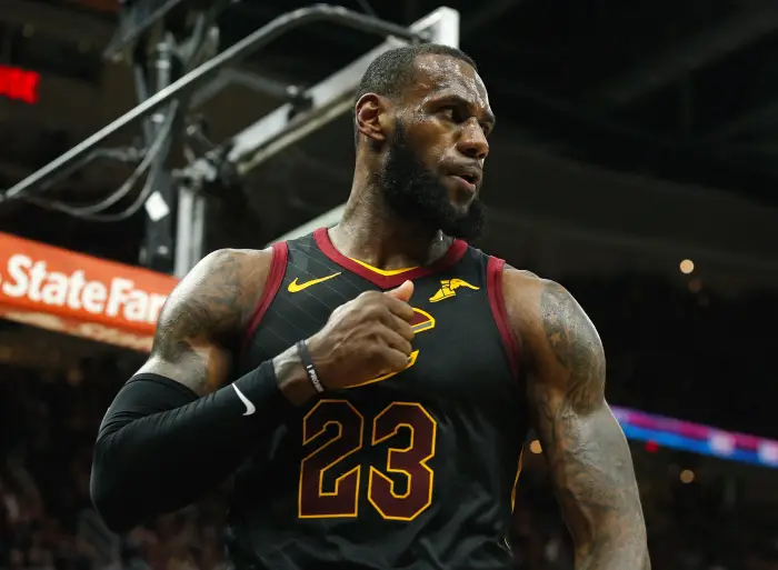 April 25, 2018 - Cleveland, OH, USA - The Cleveland Cavaliers' LeBron James celebrates a basket and foul in the third quarter against the Indiana Pacers in Game 5 on Wednesday, April 25, 2018, at Quicken Loans Arena in Cleveland. The Cleveland Cavaliers won, 98-95, for a 3-2 lead in the first-round NBA playoff series.