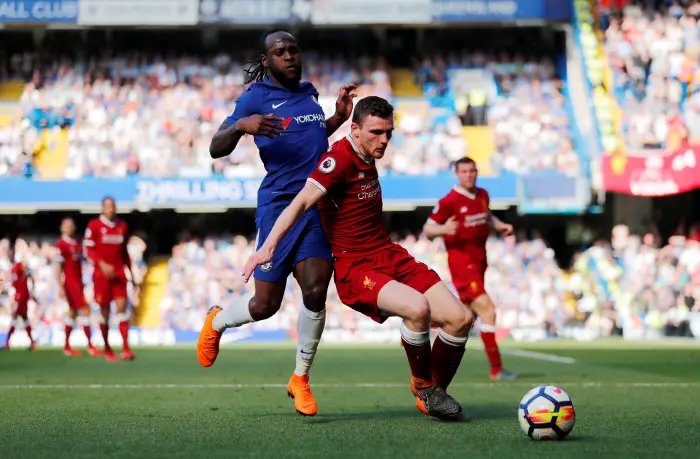Liverpool's Andrew Robertson in action with Chelsea's Victor Moses