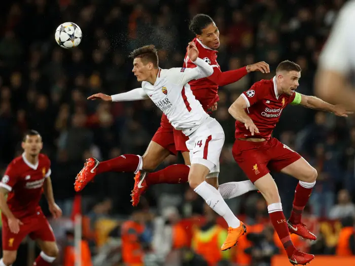 Soccer Football - Champions League Semi Final First Leg - Liverpool vs AS Roma - Anfield, Liverpool, Britain - April 24, 2018   Roma's Patrik Schick in action with Liverpool's Virgil van Dijk and Jordan Henderson