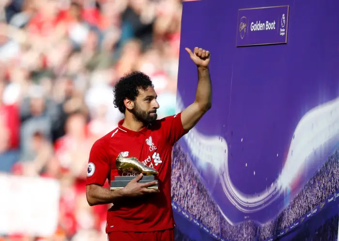 Soccer Football - Premier League - Liverpool vs Brighton & Hove Albion - Anfield, Liverpool, Britain - May 13, 2018   Liverpool's Mohamed Salah celebrates with the Golden Boot after the match