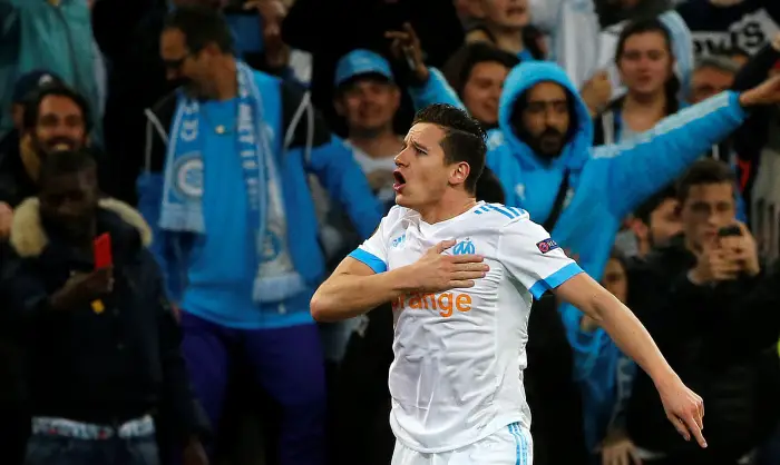 Soccer Football - Europa League Quarter Final Second Leg - Olympique de Marseille v RB Leipzig - Orange Velodrome, Marseille, France - April 12, 2018   Marseille's Florian Thauvin celebrates scoring their third goal