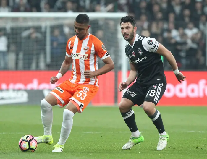 Tolgay Arslan of Besiktas and Didi of Adanaspor,  during the Spor Toto superlig match between Besiktas and Adanaspor at Vodafone arena in Istanbul , Turkey on April 24, 2017.
Final Score : Besiktas 3 - Adanaspor 2