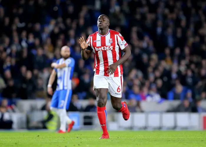 20th November 2017, Amex Stadium, Brighton, England; EPL Premiership football, Brighton and Hove Albion versus Stoke City; Kurt Zouma of Stoke celebrates giving stoke a 1-2 lead