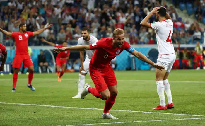 England's Harry Kane celebrates scoring their second goal